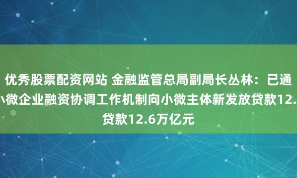 优秀股票配资网站 金融监管总局副局长丛林：已通过支持小微企业融资协调工作机制向小微主体新发放贷款12.6万亿元